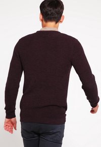 Mörkröd texturerad tröja med långa ärmar, ribbade mudd och nederkant, rund halsringning och en avslappnad passform, visad bakifrån.