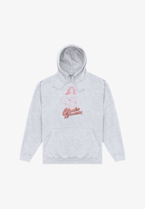 Lys grå hættejakke med en frontlomme. Har et grafisk motiv af Wonder Woman i pink og teksten "Wonder Woman" under billedet.