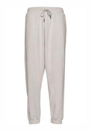Lichtgrijze joggingbroek met een elastische tailleband, trekkoord en aansluitende boorden; gemaakt van zachte stof met een gladde textuur.