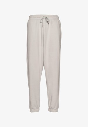 Pantaloni de jogging gri deschis, cu talie elastică, șnur și manșete strâmte; realizați dintr-un material moale, cu o textură netedă.