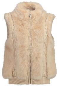 Veste beige sans manches zippée en fausse fourrure douce avec des motifs torsadés tricotés sur les côtés et un ourlet côtelé.