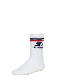Weißer Sportsocke mit geripptem Bund, der rot und marineblaue Streifenakzente aufweist. Der Markenname "STARTER" ist in Marineblau an der Seite eingewebt.