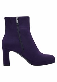 Bottine femme en daim violet avec fermeture éclair latérale et talon bloc, design élégant et bout arrondi.