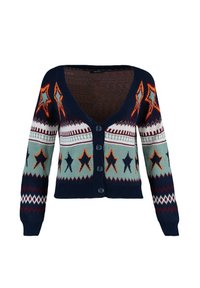 Dunkelblauer Cardigan mit V-Ausschnitt. Mit mehrfarbigen Sternmustern, geometrischen Designs, gerippten Bündchen und fünf vorderen Knöpfen. Aus Strickstoff gefertigt.