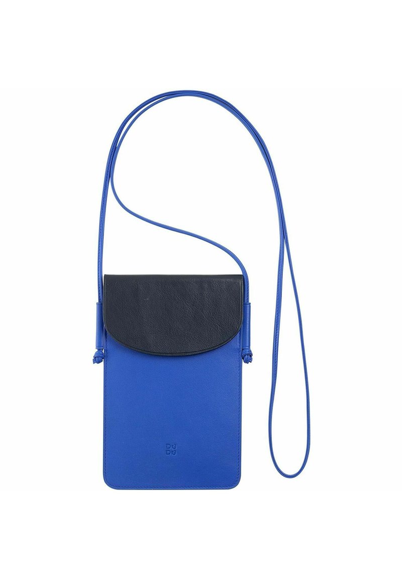 Blue leather crossbody bag with a black flap closure, featuring a smooth texture and a long adjustable strap. Minimalistic logo detail at the bottom.