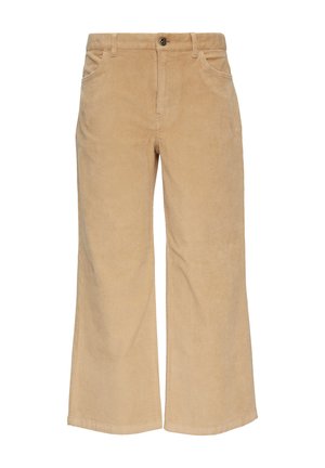 Pantalones de pana beige de pernera ancha con tejido texturizado, bolsillos frontales y cierre de botón en la cintura.