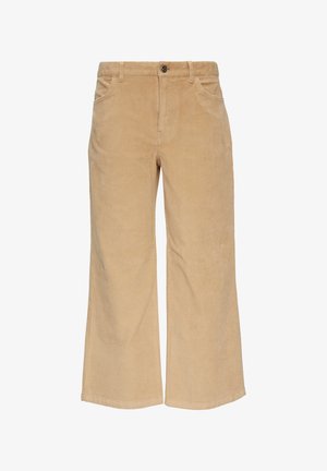 Beige Cord- und verbreiterte Hosen mit strukturiertem Stoff, Fronttaschen und einem Knopfverschluss am Bund.