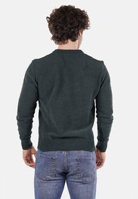 Maglione verde scuro con texture, collo rotondo e polsini a coste, abbinato a jeans blu di denim. La vista mostra il retro del capo.