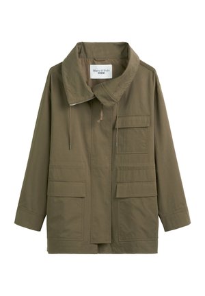 Olive green jacket made of lightweight fabric, featuring a large collar, multiple front pockets, and adjustable drawstrings.