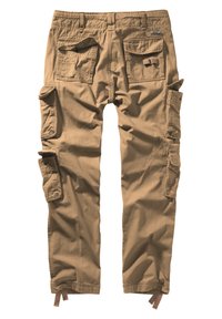 Beige cargo broek met meerdere zakken, waaronder zij- en achterzakken, met een relaxed fit en verstelbare enkelbandjes.