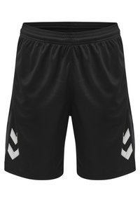 Svarta träningsshorts gjorda av andningsbart material, med en texturerad yta och vita chevron-accenter på sidorna. Resårmidja.