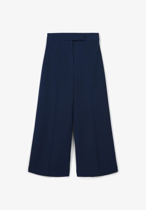 Pantaloni a gamba larga blu navy realizzati in tessuto morbido, con vita alta, pieghe frontali e un design pulito e sartoriale.