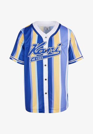 Cămașă de baseball cu mânecă scurtă, în dungi verticale albastre, galbene și bleu deschis. Prezentă butoane albe și logo-ul "Kani est. 1989" pe față.
