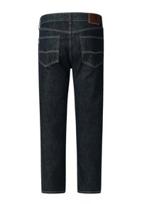 Tmavé denim nohavice s voľným strihom, viditeľným prešívaním, dvomi zadnými vreckami a hnedou koženou nášivkou na páse.