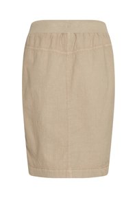 Jupe beige jusqu'au genou avec taille élastique, coutures visibles et tissu légèrement texturé, présentée sur un fond blanc.