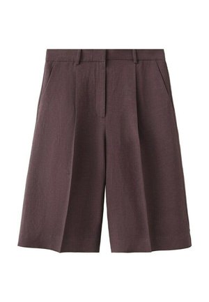 Visoke, do kolen prirejene rjave kratke hlače z zankami za pas, sprednjimi gubami, stranskimi žepi in skritim sprednjim zapiranjem.