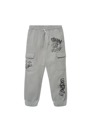 Pantaloni cargo grigio chiaro con vita e polsini elastici, con stampe nere in stile graffiti sulla coscia, sulla tasca e sulla parte inferiore della gamba.