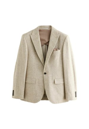 Beige Wollblazer mit Spitzenrevers, einzelner Knopfverschluss, vorderen Klappentaschen und einer Einstecktuch. Gefüttertes Innenfutter mit tonalem Stoffmuster.