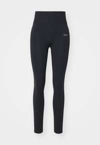 Svarta högmidjade leggings med en slät textur, som har en liten logotyp, ribbat midjeband och subtila designakenter på benen.
