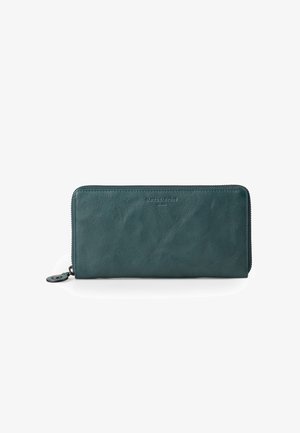 Teal leather wallet with a smooth texture, full-zip closure, and a logo embossed on the front. Features a circular zipper pull.