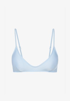 Világoskék bikini felső, állítható vékony pántokkal, háromszög alakú kosarakkal, sima textúrával és minimális varrási részletekkel.