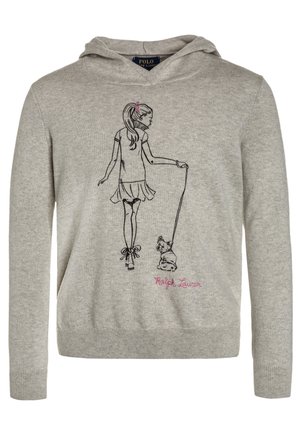 Hellgrauer Hoodie mit einer schwarzen Skizze eines Mädchens, das einen Hund spazieren führt, und pinkem, gesticktem Schriftzug "Ralph Lauren" am unteren Saum.