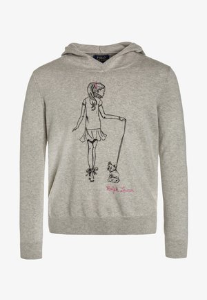 Sudadera con capucha gris claro con un boceto negro de una niña paseando un perro, con texto bordado en rosa "Ralph Lauren" en el dobladillo inferior.