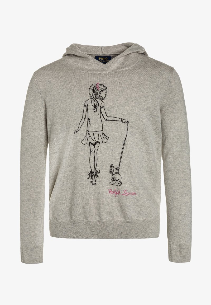 Sweat à capuche gris clair avec un croquis noir d'une fille promenant un chien, avec le texte "Ralph Lauren" brodé en rose sur le bas de l'ourlet.
