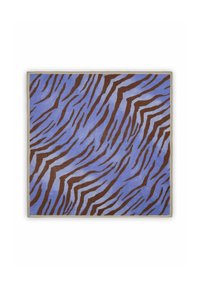 Blauwe achtergrond met bruine zebra-strepen, met een gladde textuur en een omranding. Vierkante vorm, geschikt voor verschillende decoratieve doeleinden.