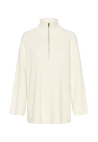 Pull-over blanc à manches longues avec un motif en tricot texturé et un col à moitié zippé. Présente une coupe décontractée et un ourlet droit.