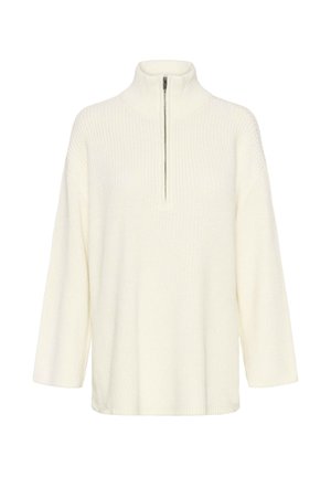 Weißer Pullover mit langen Ärmeln, strukturiertem Strickmuster und halbseitigem Reißverschlusskragen. Verfügt über eine lässige Passform und einen geraden Saum.