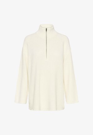 Pull-over blanc à manches longues avec un motif en tricot texturé et un col à moitié zippé. Présente une coupe décontractée et un ourlet droit.