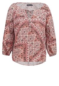 Blouse à manches longues avec un motif paisley floral rose, blanc et noir, et un col en V avec des liens.