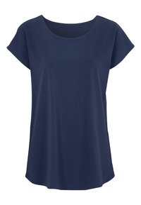 Laivastonsininen lyhythihainen t-paita, jossa on pyöreä kaula-aukko, valmistettu pehmeästä ja kevyestä kankaasta; rento istuvuus ja sileä rakenne.