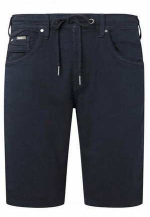 Shorts en denim bleu marine avec taille à cordon, fermeture éclair et bouton, poches avant, et accents de ferrures argentées. Texture lisse.