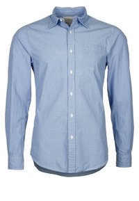 Sinivalkoraidallinen pitkähihainen puuvillapaita. Ominaisuuksiin kuuluu nappikiinnitteinen kaulus, etutasku ja napit etukappaleella.