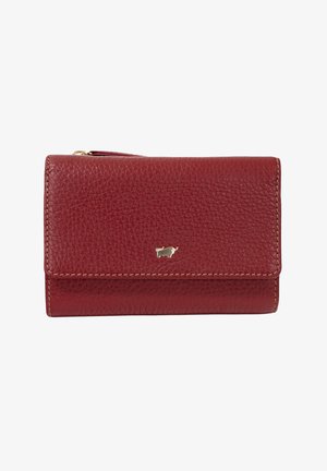 Portafoglio in pelle rossa con superficie testurizzata, dettagli in metallo tono oro, piccolo logo decorativo e chiusura a patta classica.