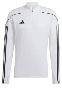 Pullover atletico bianco con colletto a metà zip, dettagli testurizzati sulle spalle, design a tre strisce nere sulle maniche e fori per i pollici nei polsini.