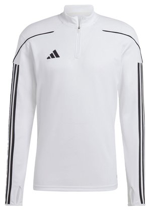 Witte sportpullover met een half-rits kraag, textuuraccenten op de schouders, zwart drie-strepen ontwerp op de mouwen en duimgaten bij de manchetten.