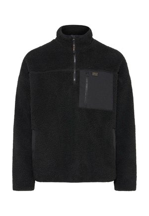 Zwarte fleece pullover met een hoge kraag, kwartrits aan de voorkant en een borstzak van contrasterend materiaal. Textuur met een zachte oppervlakte.