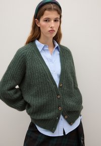 Cardigan verde lavorato a maglia con un motivo testurizzato, caratterizzato da un profondo scollo a V, bottoni in legno e una vestibilità morbida, indossato sopra una camicia azzurro chiaro.