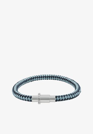 Braccialetto intrecciato in corda nera e azzurro chiaro con chiusura magnetica cilindrica in argento incisa con il nome del marchio.