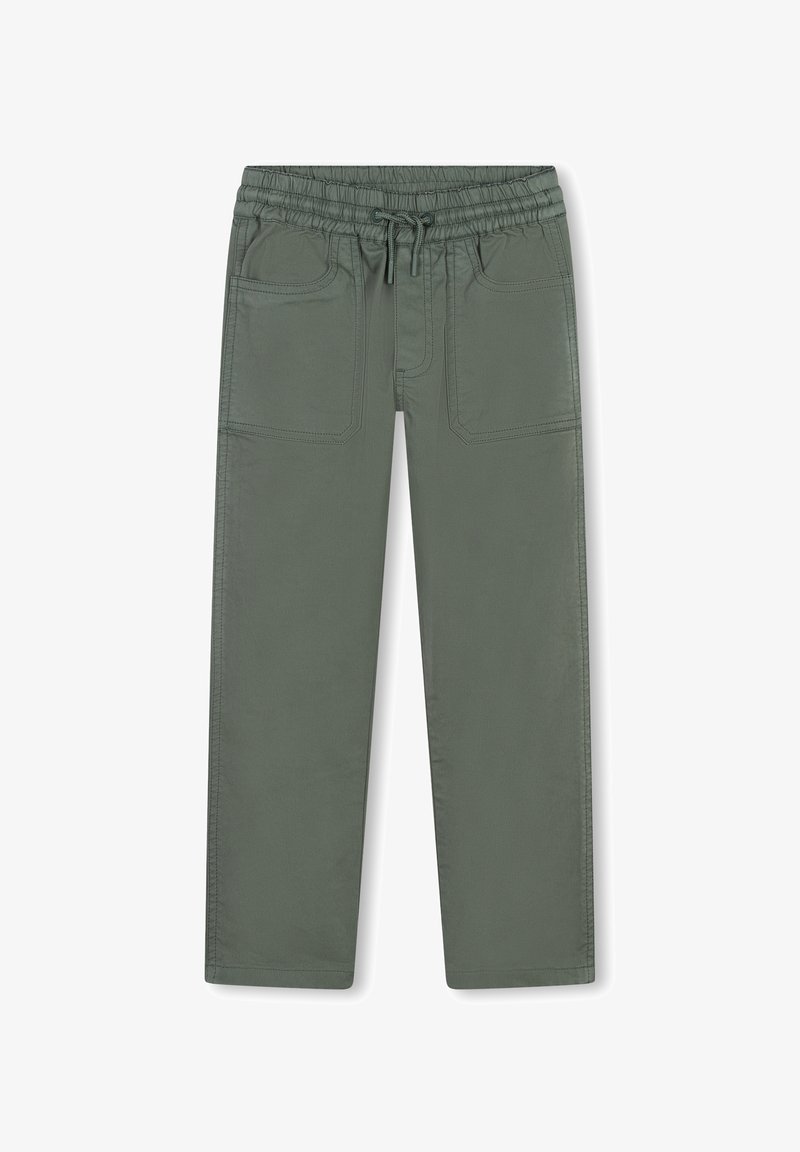 Pantalon en coton vert avec une taille élastique, cordon de serrage et deux poches avant. Le tissu a une texture lisse et une coupe droite.