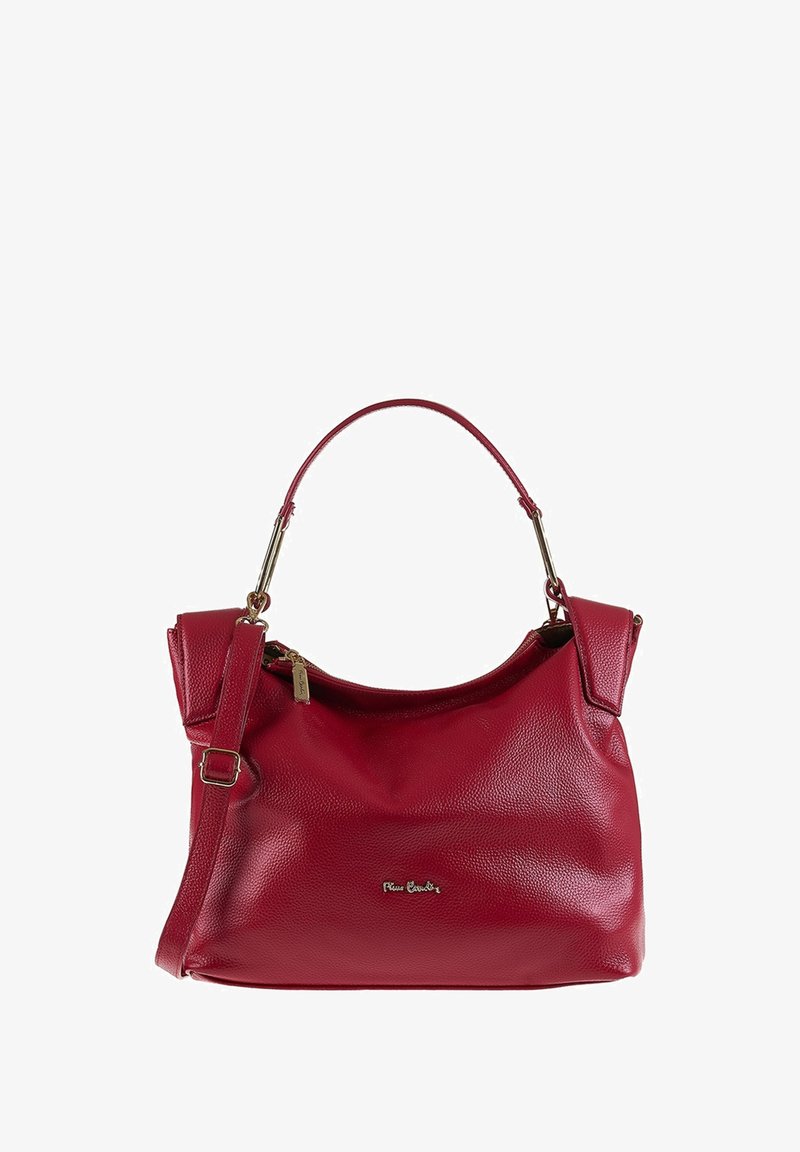 Rode leren handtas met een gestructureerd oppervlak, een enkele gebogen handgreep en een verstelbare schouderriem. Goudkleurige hardware en logodetail zichtbaar.