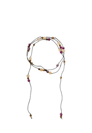 Beaded necklace with multiple strands; features purple, amber, and clear beads on black cord; lightweight with a delicate appearance.