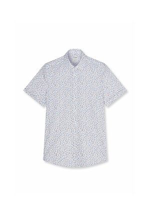 White short-sleeve button-up shirt with small, multicolored floral pattern, classic collar, and tailored fit.