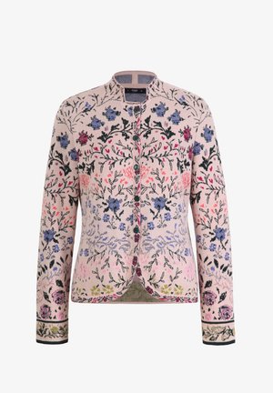 Cárdigan de punto en rosa suave con bordado floral en azul, púrpura y rojo. Presenta un escote redondo y cierre de botones.