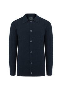Granatowy kardigan wykonany z miękkiego materiału, z kołnierzykiem, długimi rękawami i sześcioma guzikami z przodu.