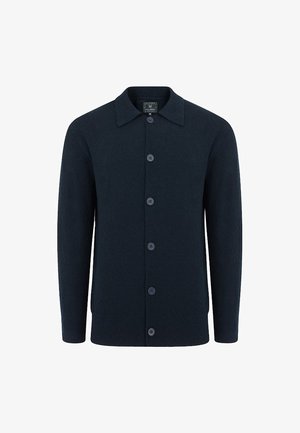 Granatowy kardigan wykonany z miękkiego materiału, z kołnierzykiem, długimi rękawami i sześcioma guzikami z przodu.