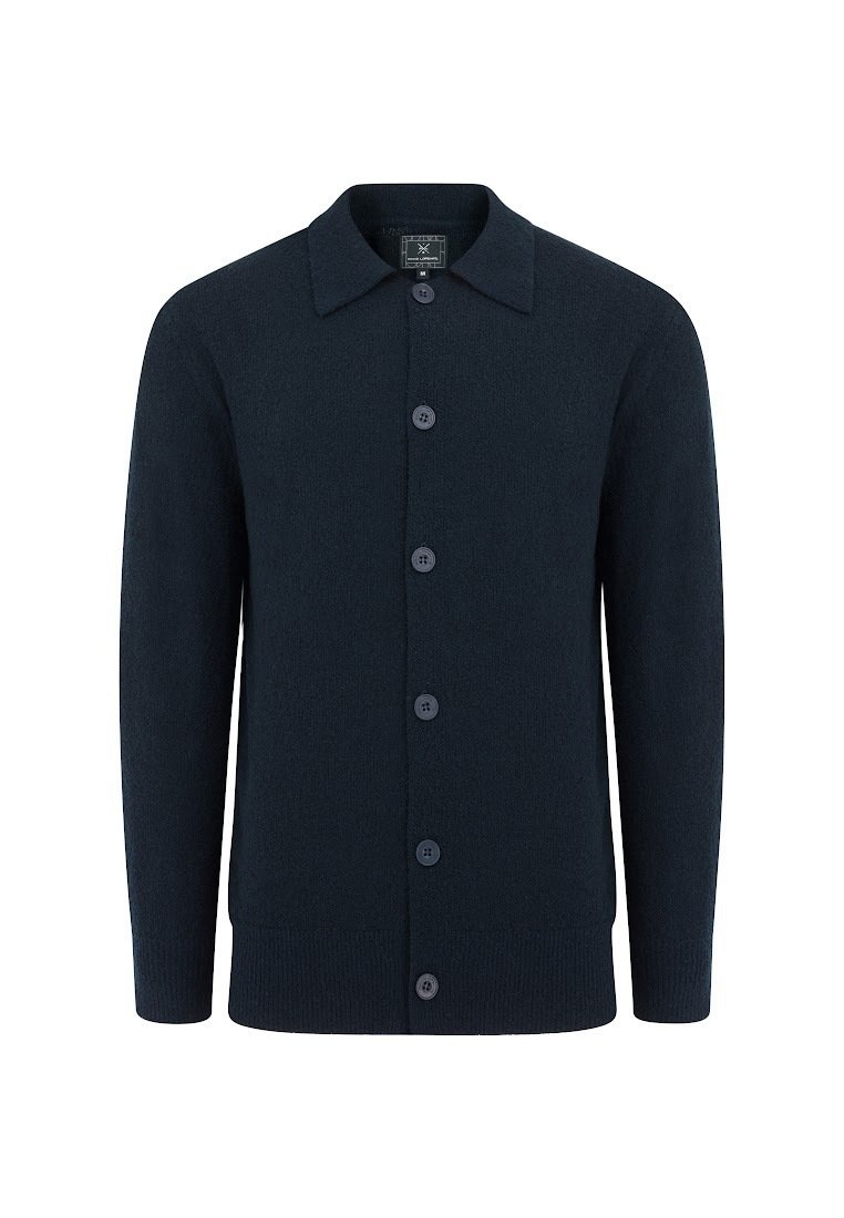 Granatowy kardigan wykonany z miękkiego materiału, z kołnierzykiem, długimi rękawami i sześcioma guzikami z przodu.